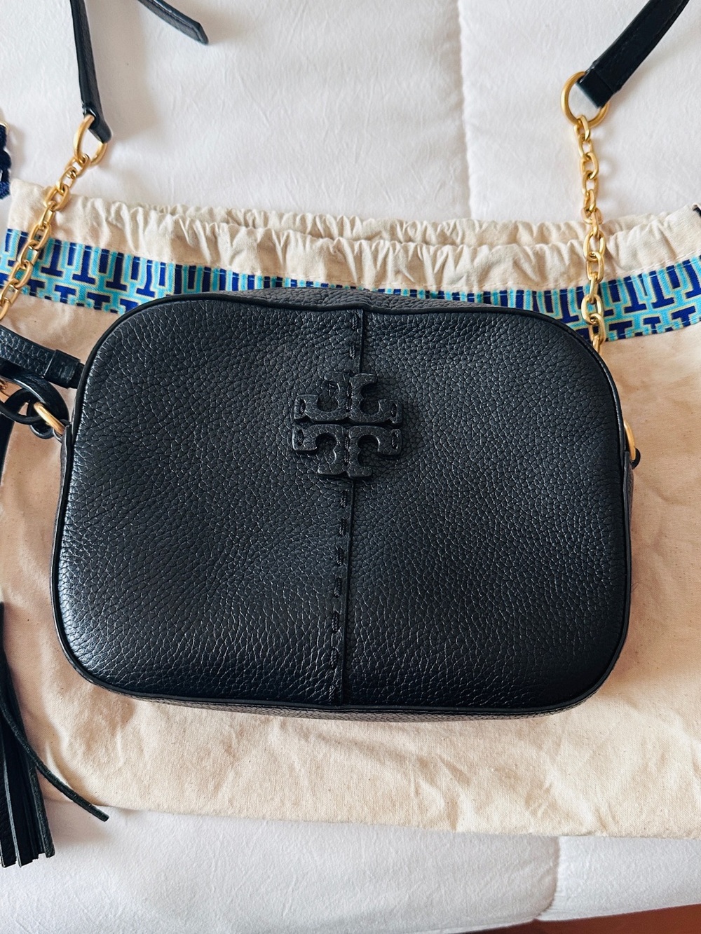 Tory Burch Black Pebbled Leather Crossbody with Gold Chain